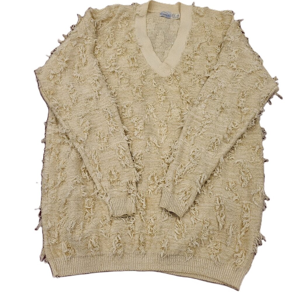 Vintage Cotton Pullover Sweater Glimmer V-Neck Oversize Cream Sweater